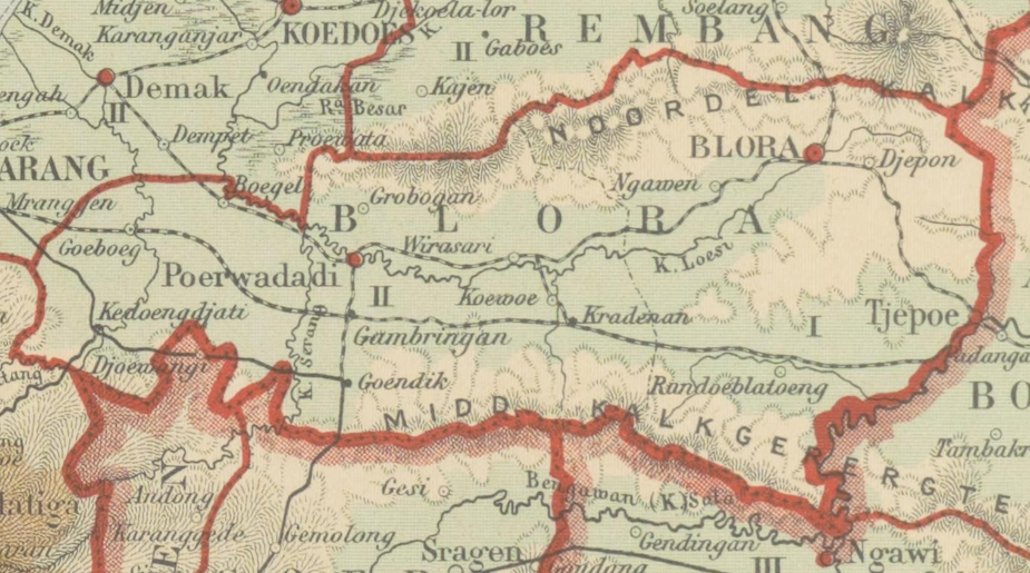 Map of Blora Regency 1928 from School Atlas of the Netherlands Indies / Wikimedia CC